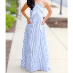 Blue and white striped halter maxi dress